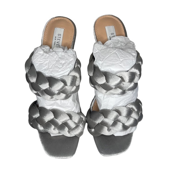 Steven New York Silver Jeanie Braided Strap Velvet Block Heels - Picture 4 of 8